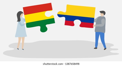 Couple holding two puzzles pieces with Bolivian and Colombian flags. Bolivia and Colombia national symbols together.