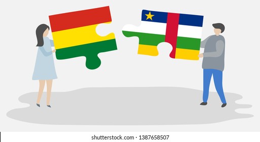 Couple holding two puzzles pieces with Bolivian and Central African flags. Bolivia and Central African Republic national symbols together.