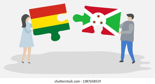 Couple holding two puzzles pieces with Bolivian and Burundian flags. Bolivia and Burundi national symbols together.