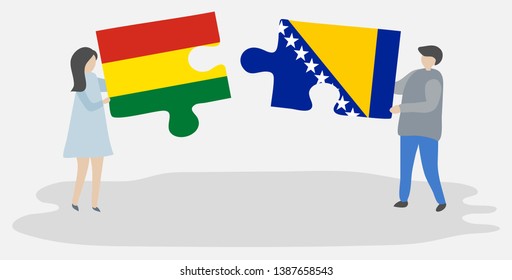 Couple holding two puzzles pieces with Bolivian and Bosnian flags. Bolivia and Bosnia and Herzegovina national symbols together.