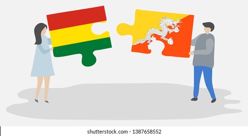 Couple holding two puzzles pieces with Bolivian and Bhutanese flags. Bolivia and Bhutan national symbols together.