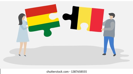 Couple holding two puzzles pieces with Bolivian and Belgian flags. Bolivia and Belgium national symbols together.
