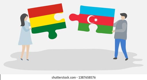 Couple holding two puzzles pieces with Bolivian and Azerbaijani flags. Bolivia and Azerbaijan national symbols together.