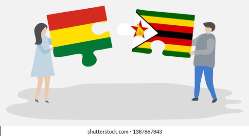 Couple holding two puzzles pieces with Bolivian and Zimbabwean flags. Bolivia and Zimbabwe national symbols together.