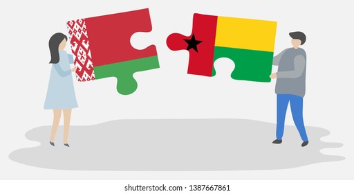 Couple holding two puzzles pieces with Belarusian and Bissau-Guinean flags. Belarus and Guinea-Bissau national symbols together.