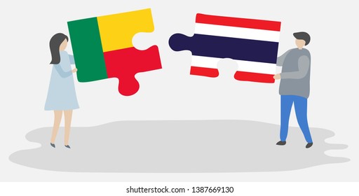 Couple holding two puzzles pieces with Beninese and Thai flags. Benin and Thailand national symbols together.