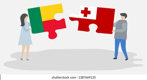 Couple holding two puzzles pieces with Beninese and Tongan flags. Benin and Tonga national symbols together.