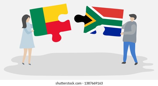 Couple holding two puzzles pieces with Beninese and South African flags. Benin and South Africa national symbols together.