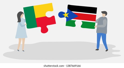 Couple holding two puzzles pieces with Beninese and South Sudanese flags. Benin and South Sudan national symbols together.