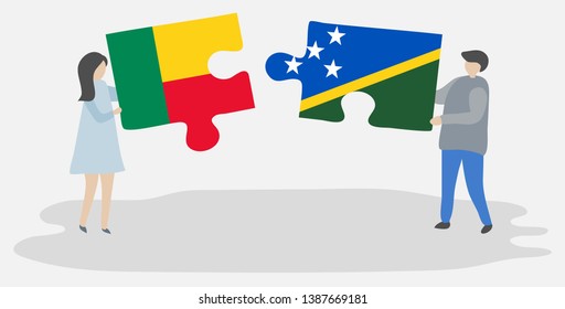 Couple holding two puzzles pieces with Beninese and Solomon Island flags. Benin and Solomon Islands national symbols together.
