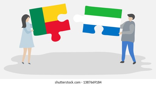 Couple holding two puzzles pieces with Beninese and Sierra Leonean flags. Benin and Sierra Leone national symbols together.