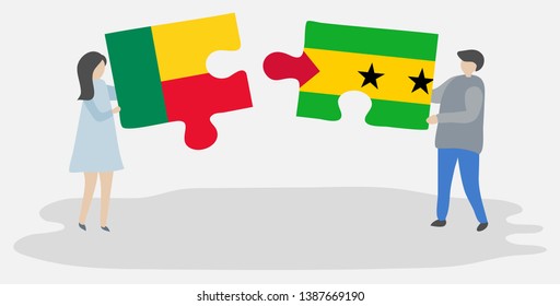 Couple holding two puzzles pieces with Beninese and Sao Tomean flags. Benin and Sao Tome and Principe national symbols together.