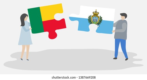 Couple holding two puzzles pieces with Beninese and Sammarinese flags. Benin and San Marino national symbols together.