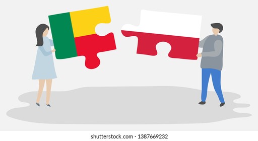 Couple holding two puzzles pieces with Beninese and Polish flags. Benin and Poland national symbols together.