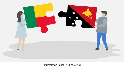 Couple holding two puzzles pieces with Beninese and Papuan flags. Benin and Papua New Guinea national symbols together.