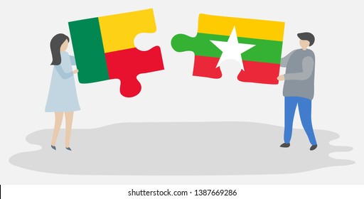Couple holding two puzzles pieces with Beninese and Burmese flags. Benin and Myanmar national symbols together.
