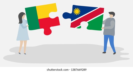 Couple holding two puzzles pieces with Beninese and Namibian flags. Benin and Namibia national symbols together.
