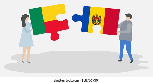 Couple holding two puzzles pieces with Beninese and Moldovan flags. Benin and Moldova national symbols together.