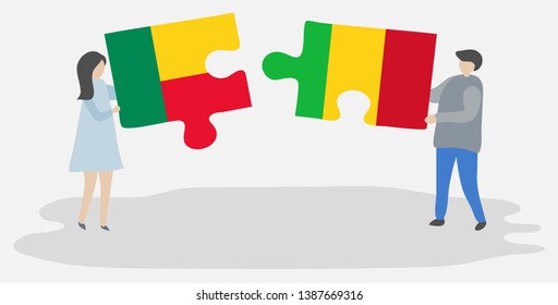 Couple holding two puzzles pieces with Beninese and Malian flags. Benin and Mali national symbols together.