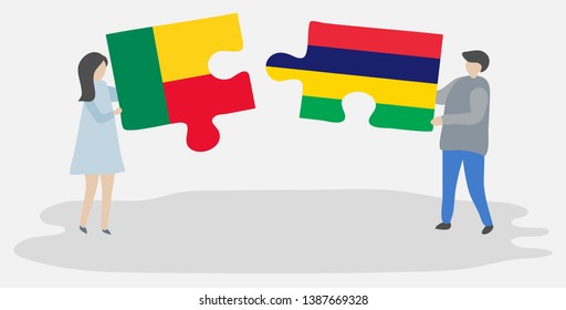 Couple holding two puzzles pieces with Beninese and Mauritian flags. Benin and Mauritius national symbols together.