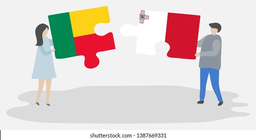 Couple holding two puzzles pieces with Beninese and Maltese flags. Benin and Malta national symbols together.