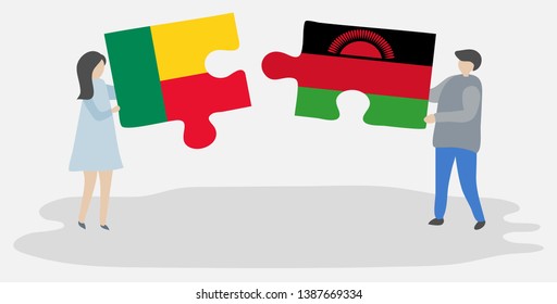 Couple holding two puzzles pieces with Beninese and Malawian flags. Benin and Malawi national symbols together.