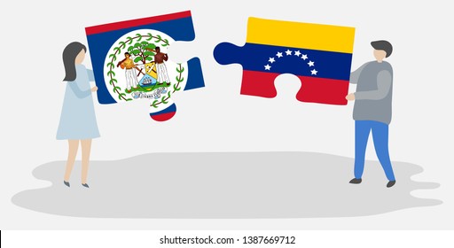 Couple holding two puzzles pieces with Belizean and Venezuelan flags. Belize and Venezuela national symbols together.