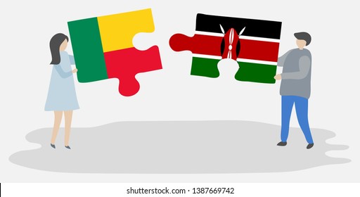 Couple holding two puzzles pieces with Beninese and Kenyan flags. Benin and Kenya national symbols together.
