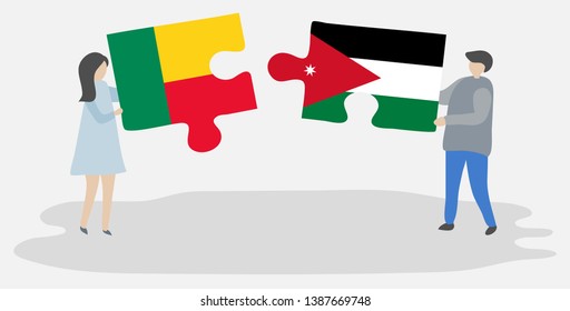 Couple holding two puzzles pieces with Beninese and Jordanian flags. Benin and Jordan national symbols together.