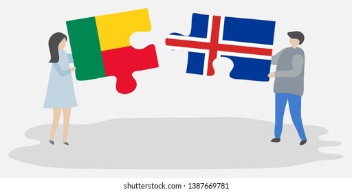 Couple holding two puzzles pieces with Beninese and Icelandic flags. Benin and Iceland national symbols together.