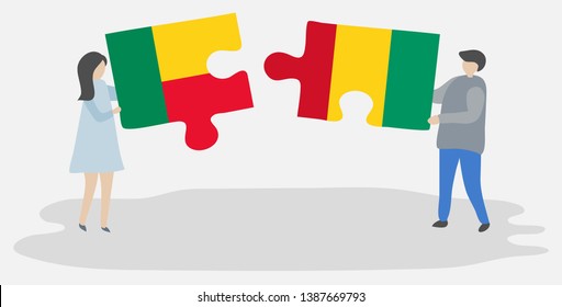 Couple holding two puzzles pieces with Beninese and Guinean flags. Benin and Guinea national symbols together.