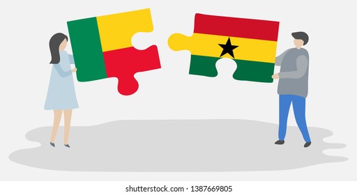 Couple holding two puzzles pieces with Beninese and Ghanaian flags. Benin and Ghana national symbols together.