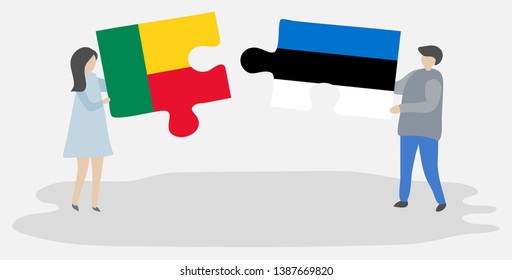 Couple holding two puzzles pieces with Beninese and Estonian flags. Benin and Estonia national symbols together.