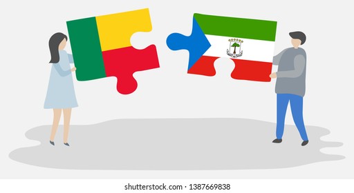 Couple holding two puzzles pieces with Beninese and Equatorial Guinean flags. Benin and Equatorial Guinea national symbols together.