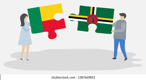 Couple holding two puzzles pieces with Beninese and Dominican flags. Benin and Dominica national symbols together.