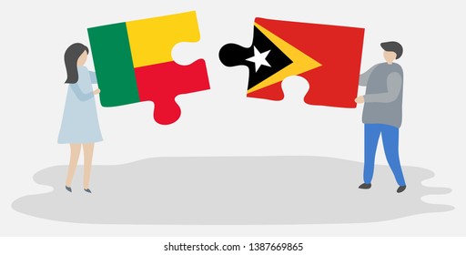 Couple holding two puzzles pieces with Beninese and Timorese flags. Benin and East Timor national symbols together.