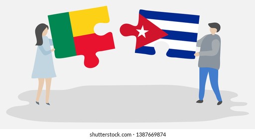 Couple holding two puzzles pieces with Beninese and Cuban flags. Benin and Cuba national symbols together.