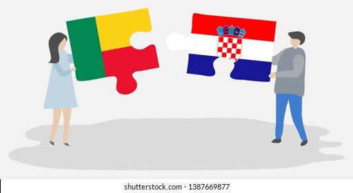 Couple holding two puzzles pieces with Beninese and Croatian flags. Benin and Croatia national symbols together.