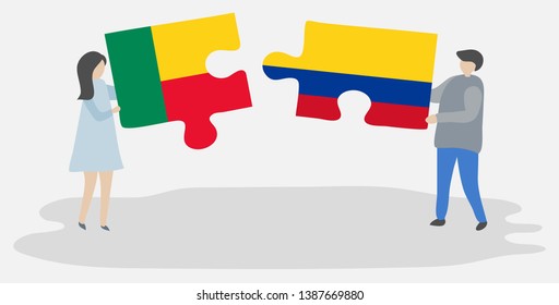 Couple holding two puzzles pieces with Beninese and Colombian flags. Benin and Colombia national symbols together.