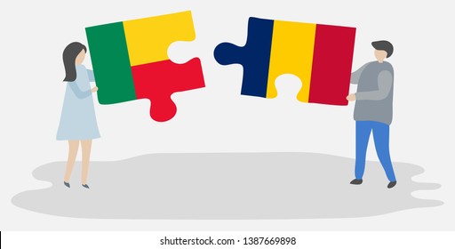 Couple holding two puzzles pieces with Beninese and Chadian flags. Benin and Chad national symbols together.