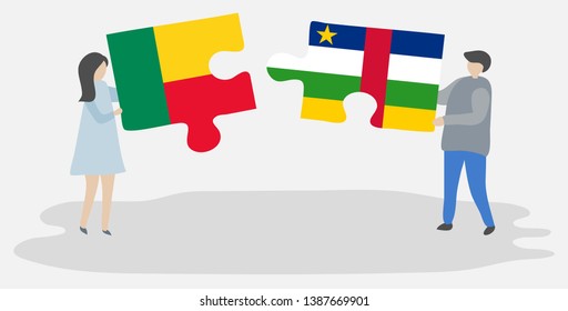 Couple holding two puzzles pieces with Beninese and Central African flags. Benin and Central African Republic national symbols together.
