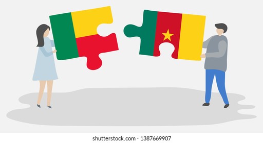 Couple holding two puzzles pieces with Beninese and Cameroonian flags. Benin and Cameroon national symbols together.