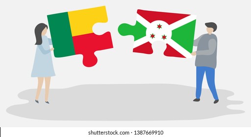 Couple holding two puzzles pieces with Beninese and Burundian flags. Benin and Burundi national symbols together.