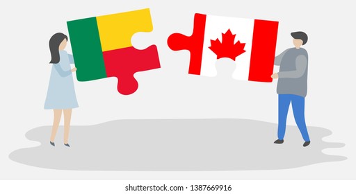 Couple holding two puzzles pieces with Beninese and Canadian flags. Benin and Canada national symbols together.