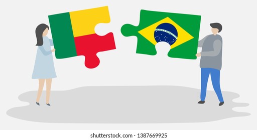 Couple holding two puzzles pieces with Beninese and Brazilian flags. Benin and Brazil national symbols together.
