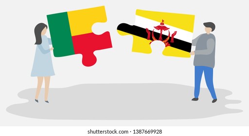 Couple holding two puzzles pieces with Beninese and Bruneian flags. Benin and Brunei national symbols together.