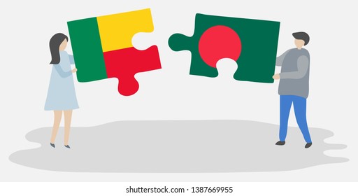 Couple holding two puzzles pieces with Beninese and Bangladeshi flags. Benin and Bangladesh national symbols together.