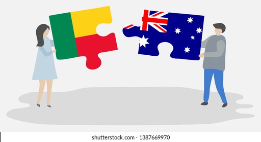 Couple holding two puzzles pieces with Beninese and Australian flags. Benin and Australia national symbols together.