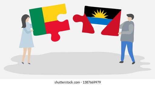 Couple holding two puzzles pieces with Beninese and Antiguan flags. Benin and Antigua and Barbuda national symbols together.