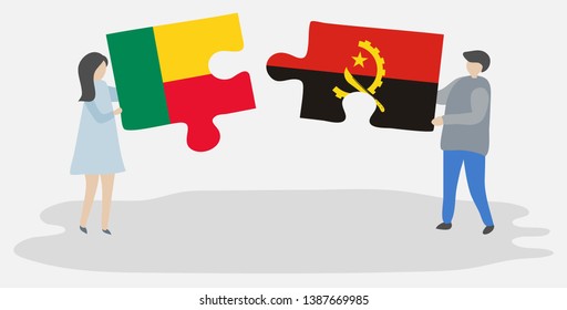 Couple holding two puzzles pieces with Beninese and Angolan flags. Benin and Angola national symbols together.